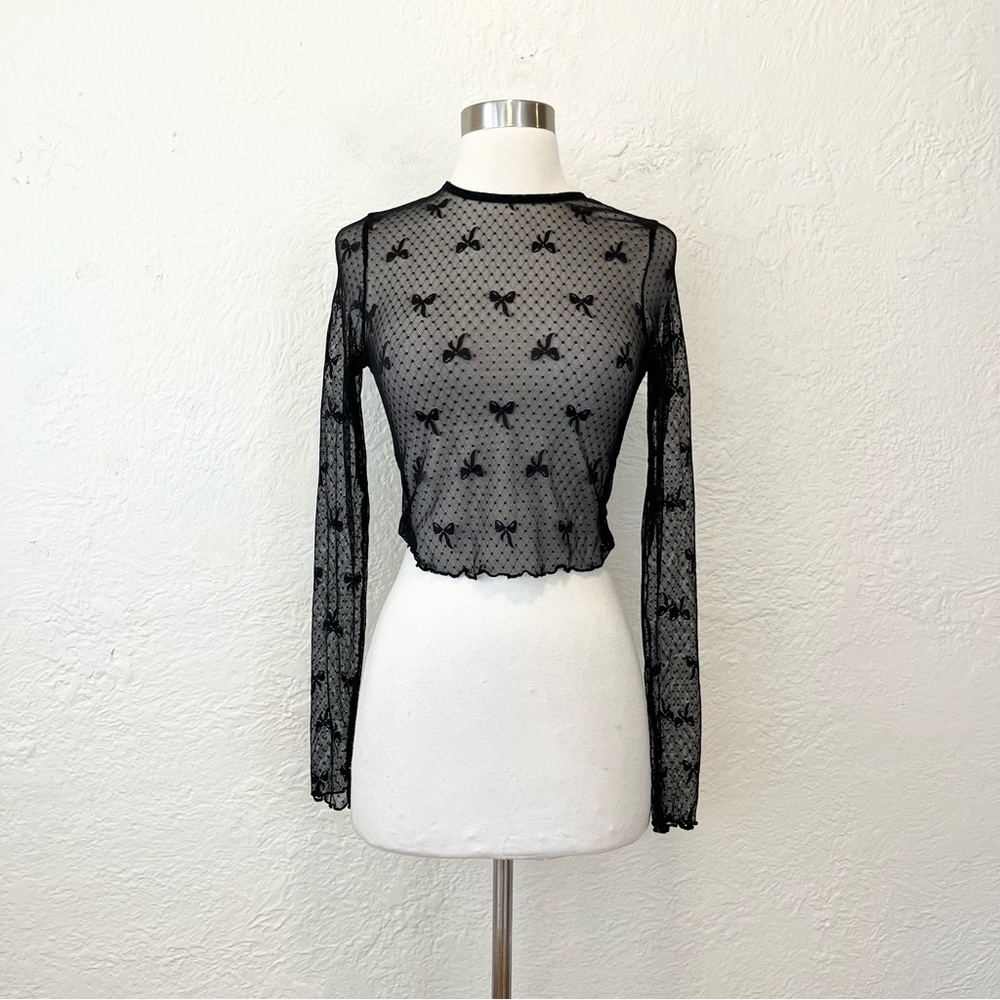 Altar'd State Sheer Crop Top Black Lace Mesh Bows Small S